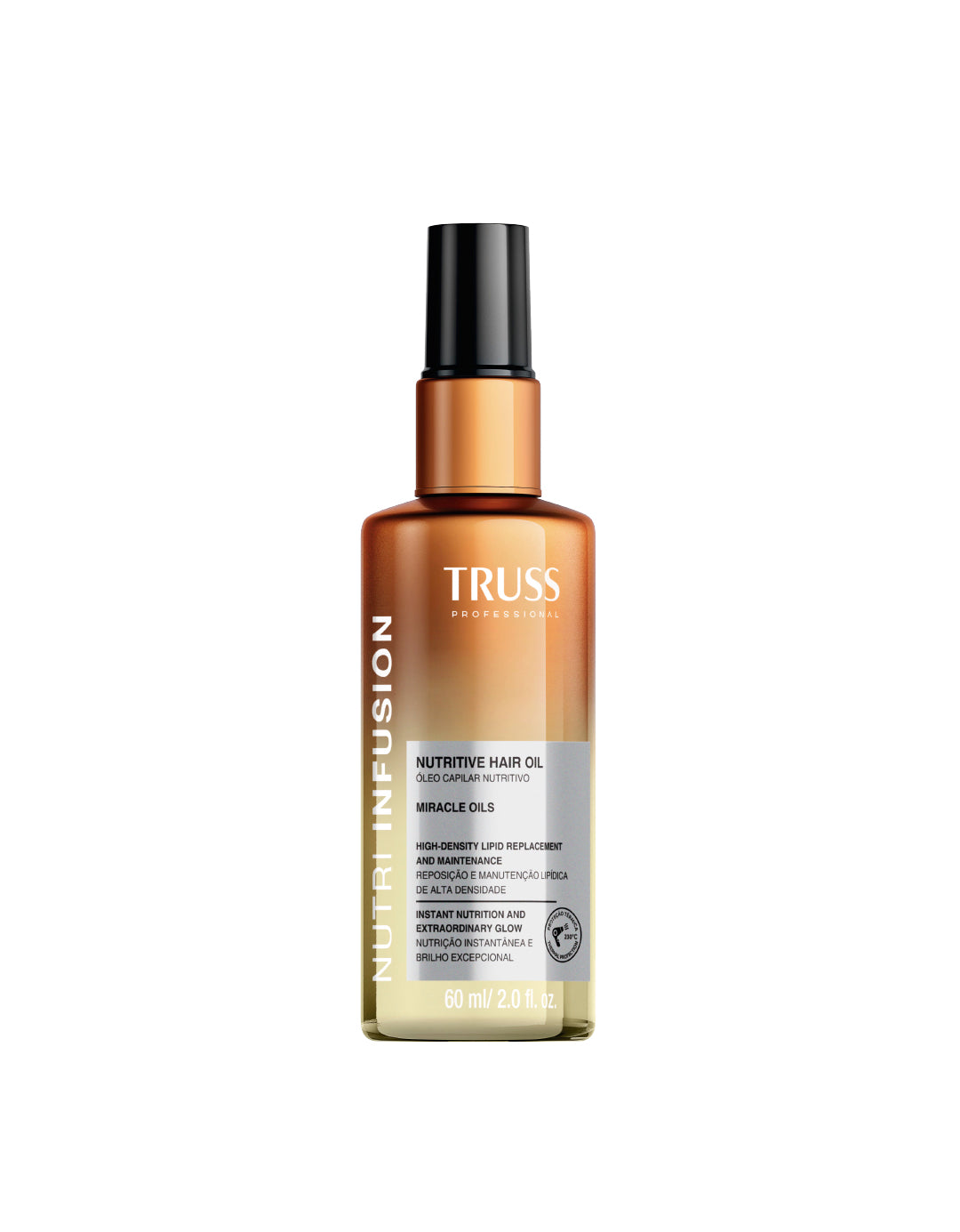 A bottle of Truss professional Nutri Infusion hair oil with a black cap and orange to clear gradient design.