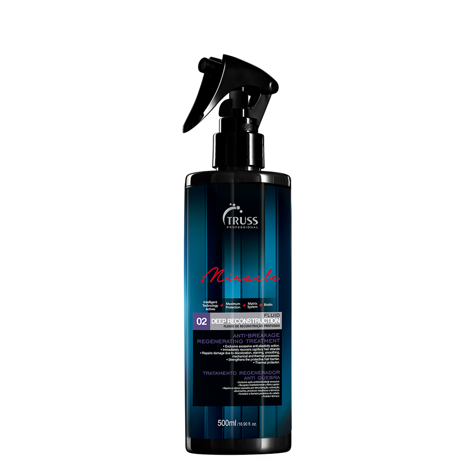 A black spray bottle labeled 'Truss' Deep Reconstruction Fluid' with blue and white text, indicating it is a hair regeneration treatment.