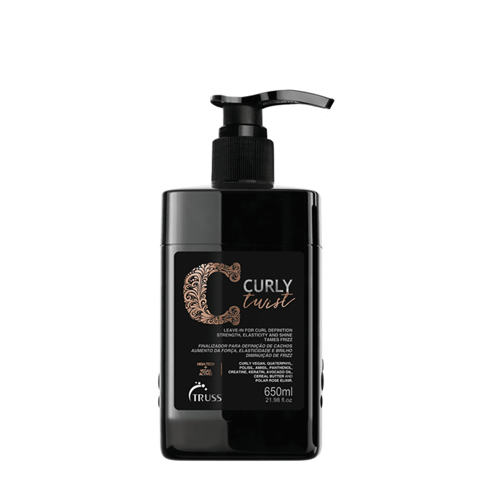 A black bottle with a pump dispenser labeled 'CURLY TWIST' by Truss Professional, with text indicating the product is for curly hair, free of dyes, and has a physiological pH.
