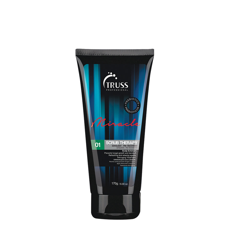 A tube of Truss Professional 'Miracle 01' Scrub Therapy shampoo with a black and blue design.